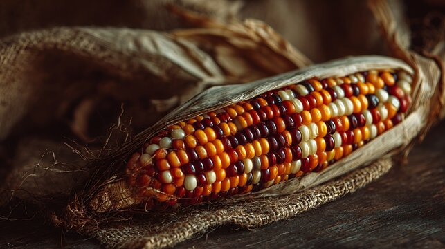 Awesome photo of colorful flint corn in dried husk on rustic burlap background.