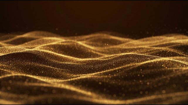 Golden dust particles forming layered flowing wave surfaces with calm rhythmic motion and realistic light scattering across a deep dark atmospheric space