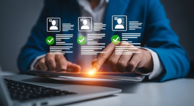 Recruiter selecting top candidates using digital profile interface on tablet for HR hiring process