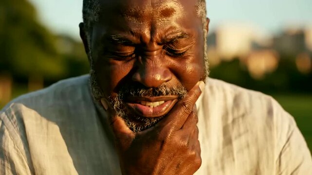 outdoor park scene shows a man grimacing and touching his chin in pain or close up man in sunny park showing discomfort and chin pain