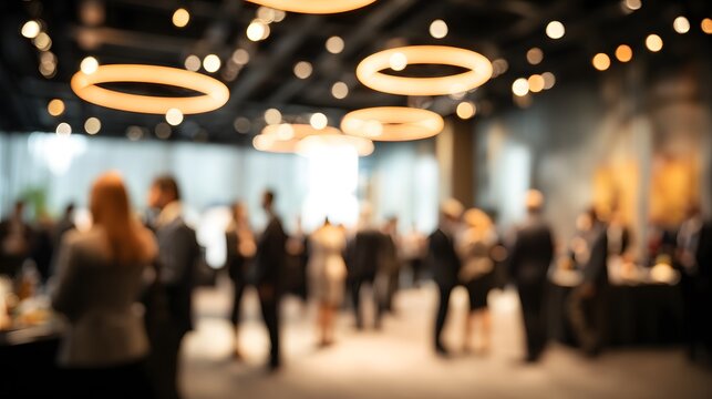 Blurred business networking event with people socializing under modern lighting in conference hall showcasing corporate gathering professional interaction communication atmosphere evening meetup