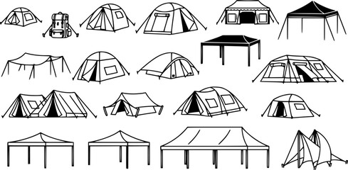Collection of diverse tent and canopy icons for outdoor events and camping adventures 
