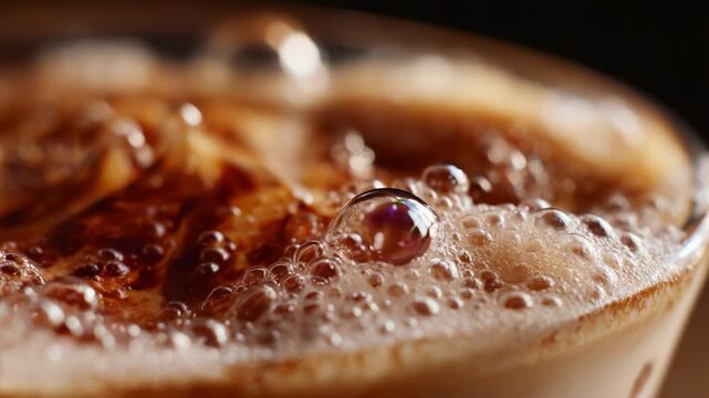 Close-up of a frothy beverage featuring bubbles and caramelized textures, showcasing the rich and creamy profile of an indulgent drink with intricate details.