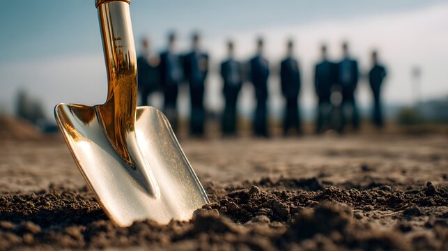 Golden ceremonial shovels planted in soil with blurred group of business people in background symbolizing groundbreaking event construction start teamwork investment development progress and future 