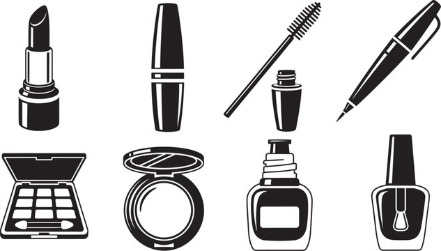 Black and white makeup cosmetics icons set with lipstick, mascara, eyeliner, eyeshadow, compact powder, nail polish and nail file on white background