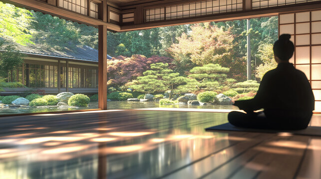Silhouette of a Person Meditating in a Traditional Japanese Room Overlooking a Serene Zen Garden