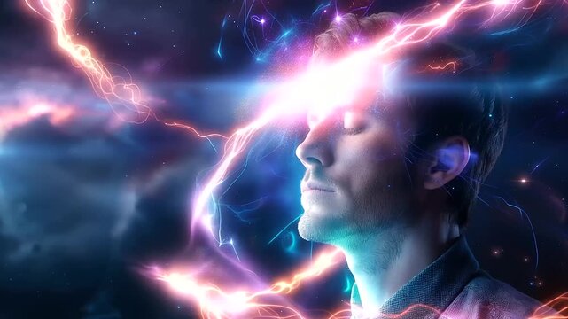 Faceless male portrait illuminated by vibrant blue, pink, and orange energy patterns, consciousness and technology fusion, cosmic cloudy background with subtle stars, soft focus gl