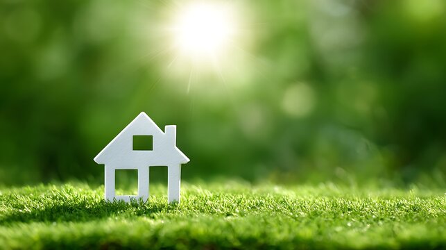 Awesome photo of small white house model on a lush green lawn under a bright sun for real estate and investment concept.