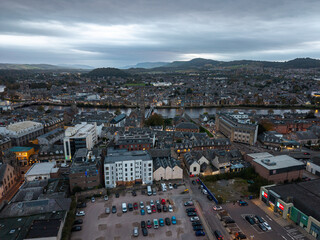Obraz premium Beautiful aerial view of Inverness with River Ness, Historic Churches and Cityscape, Scotland – Scenic Highland Town Landscape