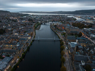Obraz premium Beautiful aerial view of Inverness with River Ness, Historic Churches and Cityscape, Scotland – Scenic Highland Town Landscape