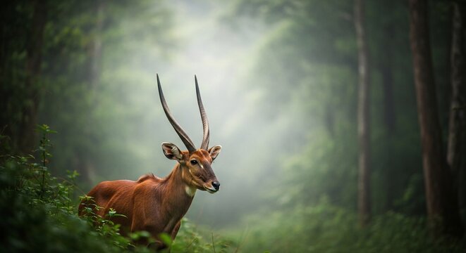 Saola, Asian unicorn, standing in dense forest, misty green background