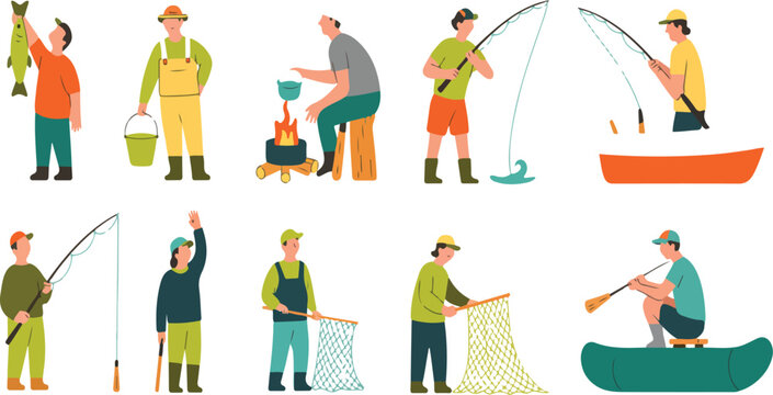 Cartoon fisherman vector set with anglers in boats holding nets and spinning rods, catching fish, hobby leisure illustration