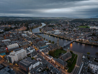 Obraz premium Beautiful aerial view of Inverness with River Ness, Historic Churches and Cityscape, Scotland – Scenic Highland Town Landscape