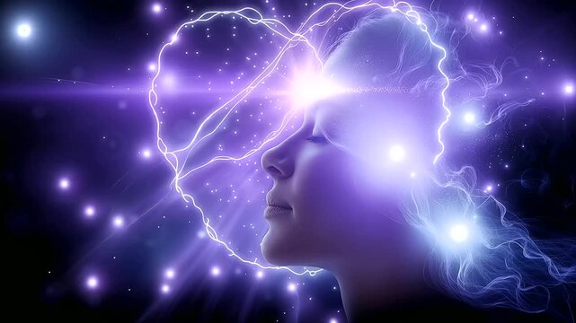 Abstract faceless woman connected to the universe, purple stream of consciousness entering the pineal gland, crown chakra activation, dark violet background, ethereal glow, defocus