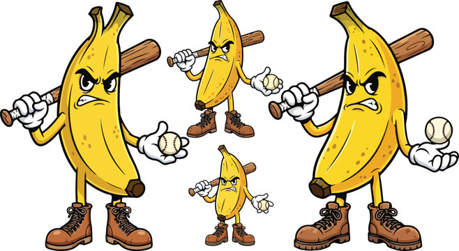 Angry banana baseball mascot character set, aggressive fruit athlete holding bat and ball, vintage cartoon sports vector illustration