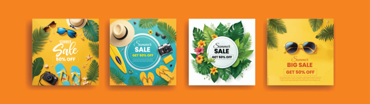 Summer sale social media posts, banner, ads,  advertising bundle with tropical foliage, summer background artwork for online stores. summer tropical party square flyer poster design