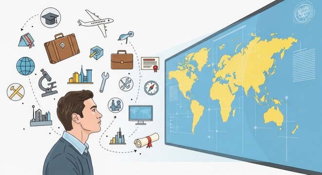 A man looking at a large screen with a world map and various icons representing different fields of study and travel.