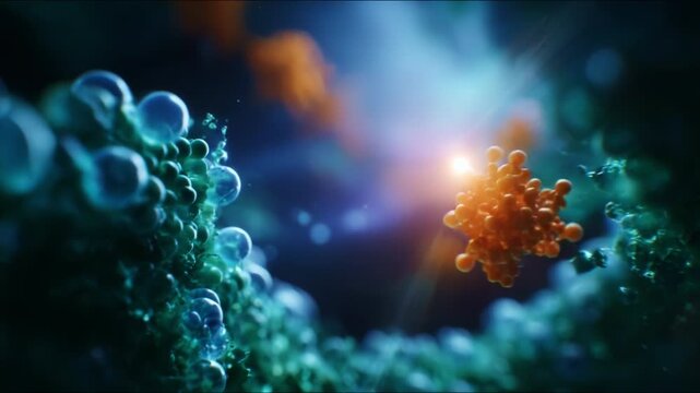 Dynamic molecular interaction showcasing vibrant hues and intricate designs, capturing the essence of cellular processes transcending the microscopic world.
