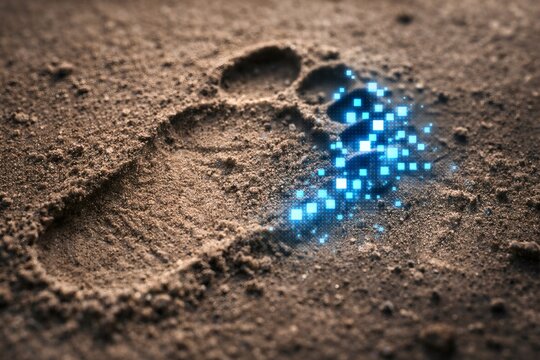 Digital footprint in sand with glowing blue data particles and pixels