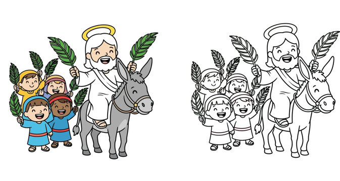 Jesus Christ Riding a Donkey with Children and Palm Branches Cartoon and Coloring Page Vector Illustration for Palm Sunday