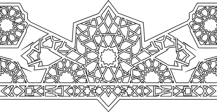 A detailed monochromatic illustration featuring intricate islamic geometric pattern border design