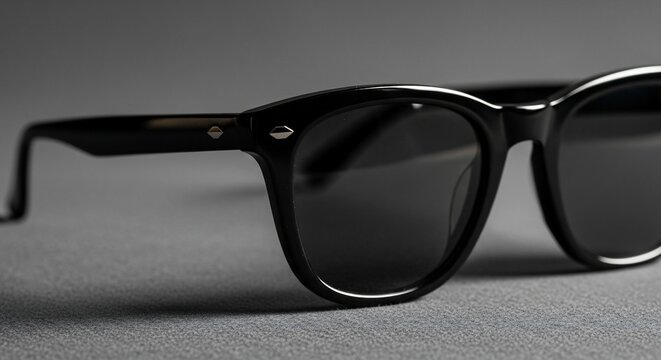 Black Sunglasses on Grey Surface Closeup.