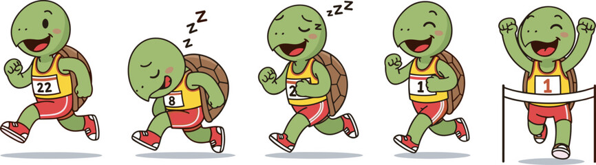 Obraz premium Funny turtle athlete character set featuring cad drawing flat vector illustration of happy tortoise marathon runner racing and finishing a competition graphics collection.