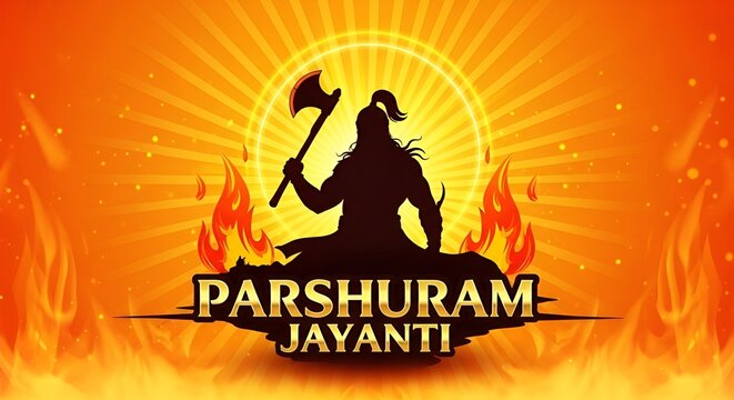 parshuram jayanti | parshuram janmotsav | bhagwan parshuram janmotsav | parshuram janmotsav &ndash; Fierce Lord Parshuram with flowing hair, battle axe, golden mandala and pillar background digital ...