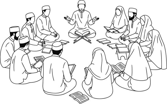 A group of muslim people sitting in a circle while reading the holy quran together in a study