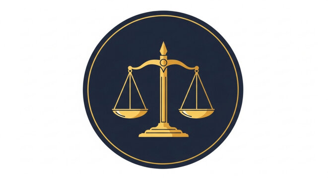 Golden scales of justice on a dark blue background with a thin gold border symbolizing law and order