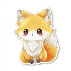 Naklejka premium Kawaii Style Fox Sticker Design Features Fluffy Tail and Big Shiny Eyes, Warm Orange and White Tones in Simple Illustration