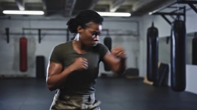 Focused Woman Shadow Boxing in Gym - Fitness Training