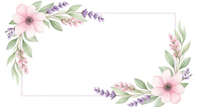 A watercolor floral frame with pink flowers and lavender leaves on a white background.