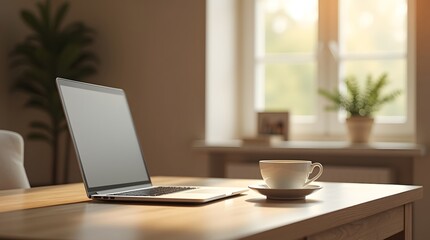 Fototapeta premium Minimal Workspace with Laptop and Porcelain Tea Cup in Warm Light