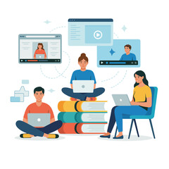 Naklejka premium People using laptops for online learning and video conferencing together