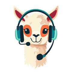 Naklejka premium Llama Headset Cartoon Character - Cute Animal Wearing Headphones for Customer Service, Call Center Support Illustration, Vector Art for Mascot Logo and Children's Book, Mascot, Avatar, Character