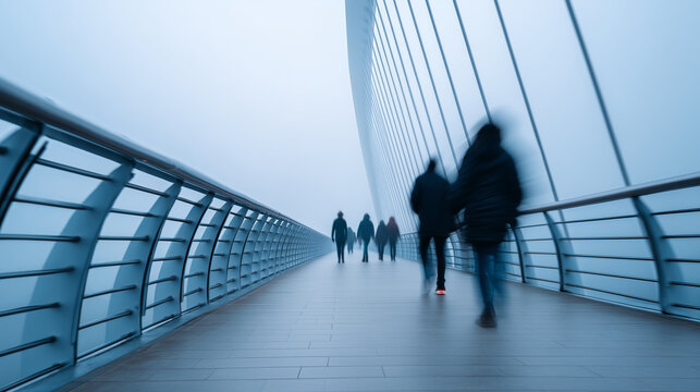 futuristic bridge, cool blue-gray color palette, soft ambient light, misty background, long focal length, architectural photography style, editorial, 4k, people walking across brid