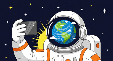 Fototapeta premium Astronaut taking selfie with earth in space helmet stars and sun in background futuristic illustration
