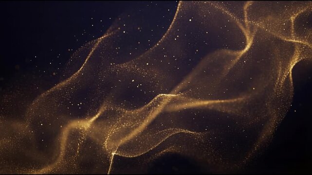 Golden particle rings forming smooth intertwined elliptical loops against a deep dark background with warm cinematic light creating calm seamless abstract motion