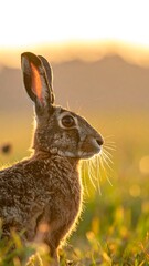 Obraz premium Close-up of a rabbit in a field, bathed in warm sunset light. Focus on the animal's profile and whiskers, with blurred background