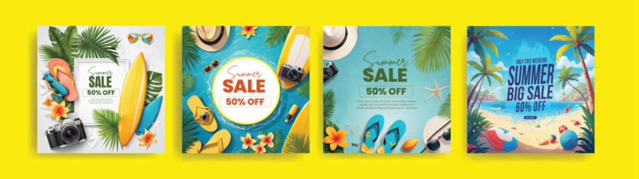 Summer sale advertisement for social media posts bundle with vibrant tropical leaves and blooming flowers,  summer background collections, beautiful floral decorative design
