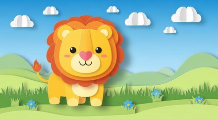 Naklejka premium Adorable Cartoon Lion in Bright Landscape