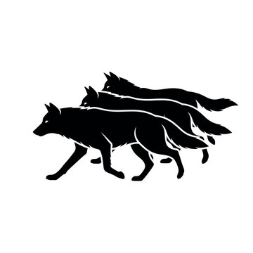 Three wolves running in a pack black silhouette.
