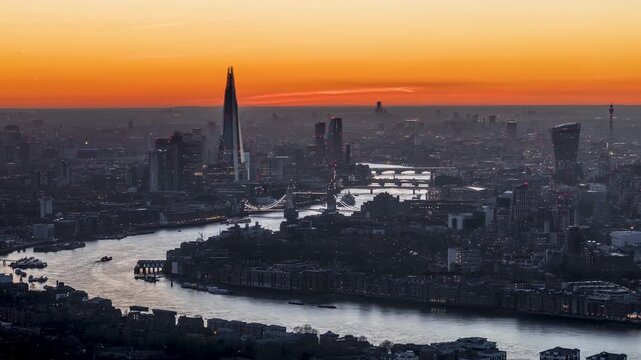 Clear sunset time lapse view of the city skyline at the City of London, England