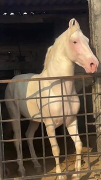 Majestic White Nukra Horse Standing in a Stable