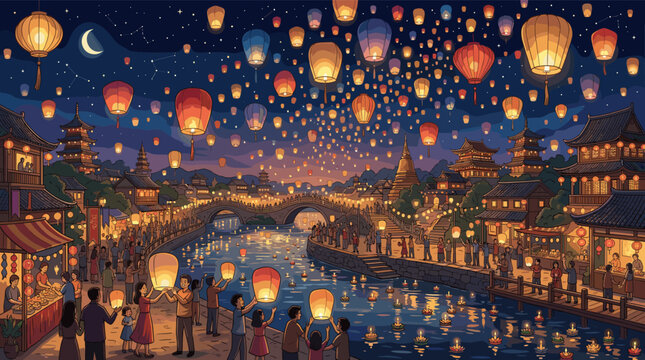 Vibrant illustration of a traditional Asian lantern festival. People release glowing sky lanterns over a river in a festive, magical celebration. Perfect for cultural events.