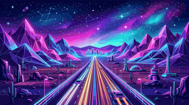 A vibrant illustration of a neon highway leading to a futuristic city. Crystalline mountains and a cosmic sky create a retro synthwave vibe for tech or music concepts.