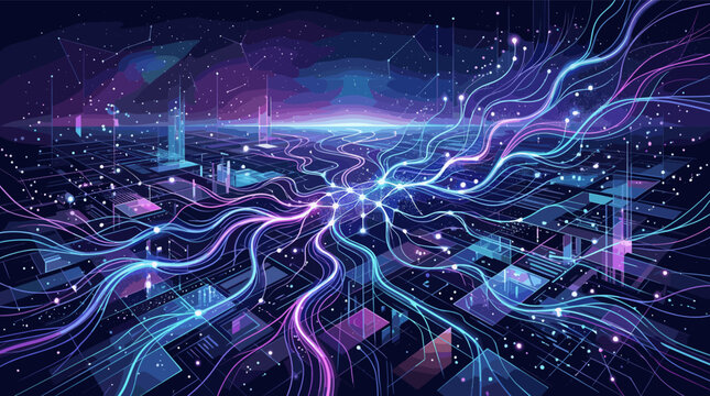 Abstract futuristic background of a digital network with flowing data streams. Neon glowing lines and nodes represent connectivity, big data, and artificial intelligence.