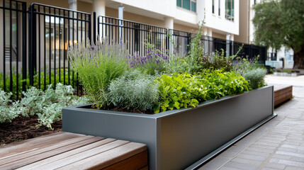 Fototapeta premium OUTDOOR OPEN SETTING AREA WITH ONE LINE PLANTER BOX MOUNTED SETTING NEAR TO FENCE