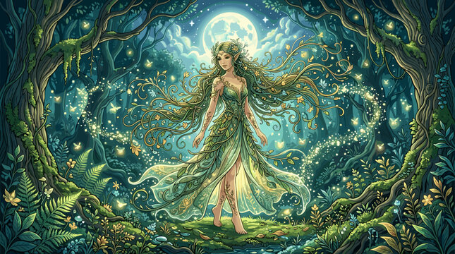 A beautiful forest goddess or Mother Nature figure in a magical moonlit wood with fireflies. Ethereal fantasy illustration for wellness, mythology, or spiritual concepts.